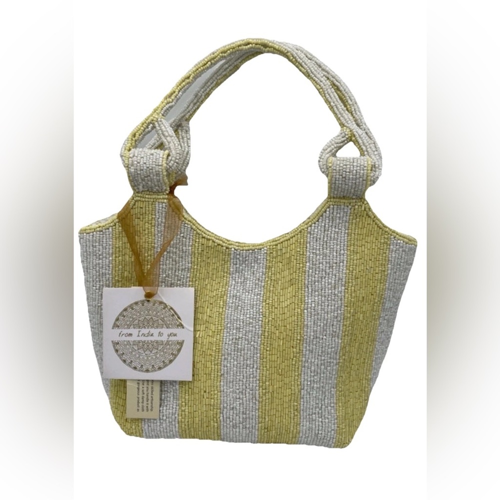 NWT~Striped Beaded Yellow & White Tote Hand Bag